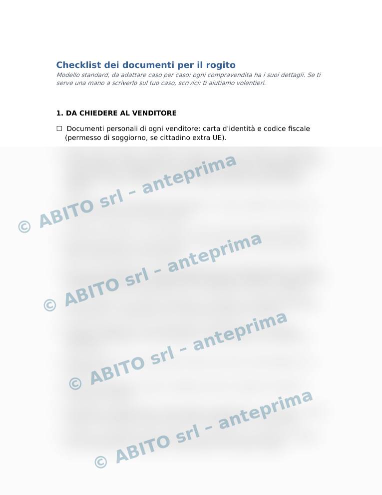 Anteprima sfocata del modello «Checklist dei documenti per il rogito»